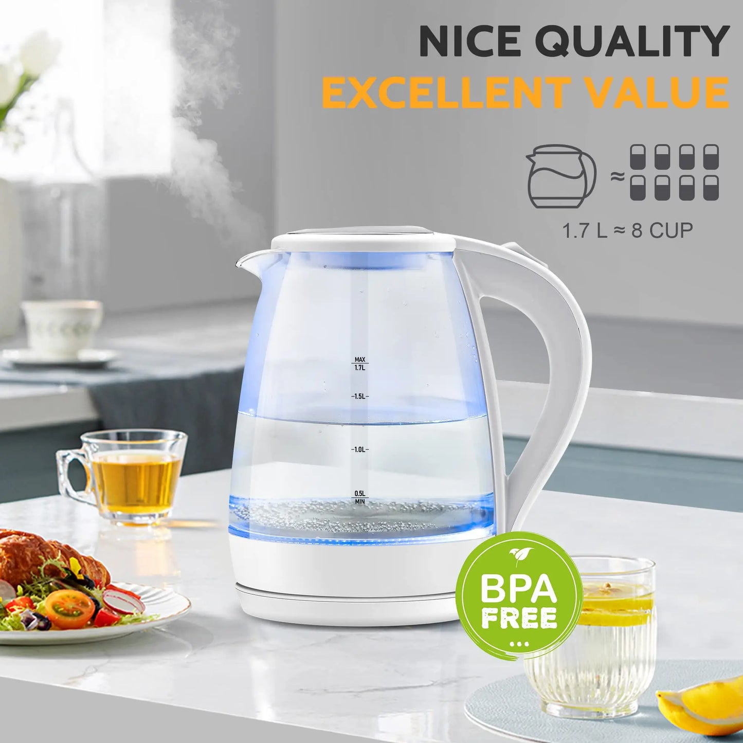 1.7L Glass Electric Tea Kettle with LED Indicator, Fast Boiling Hot Water Boiler