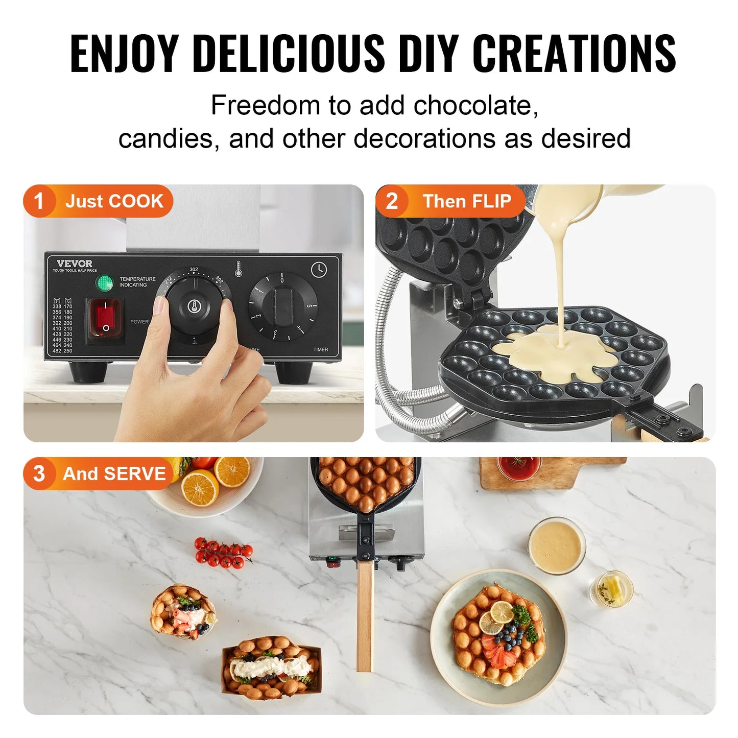 Commercial Egg Bubble Waffle Maker 1400W Non-Stick Stainless Steel Bubble Puff w/180° Rotatable 2 Pans & Wooden Handles