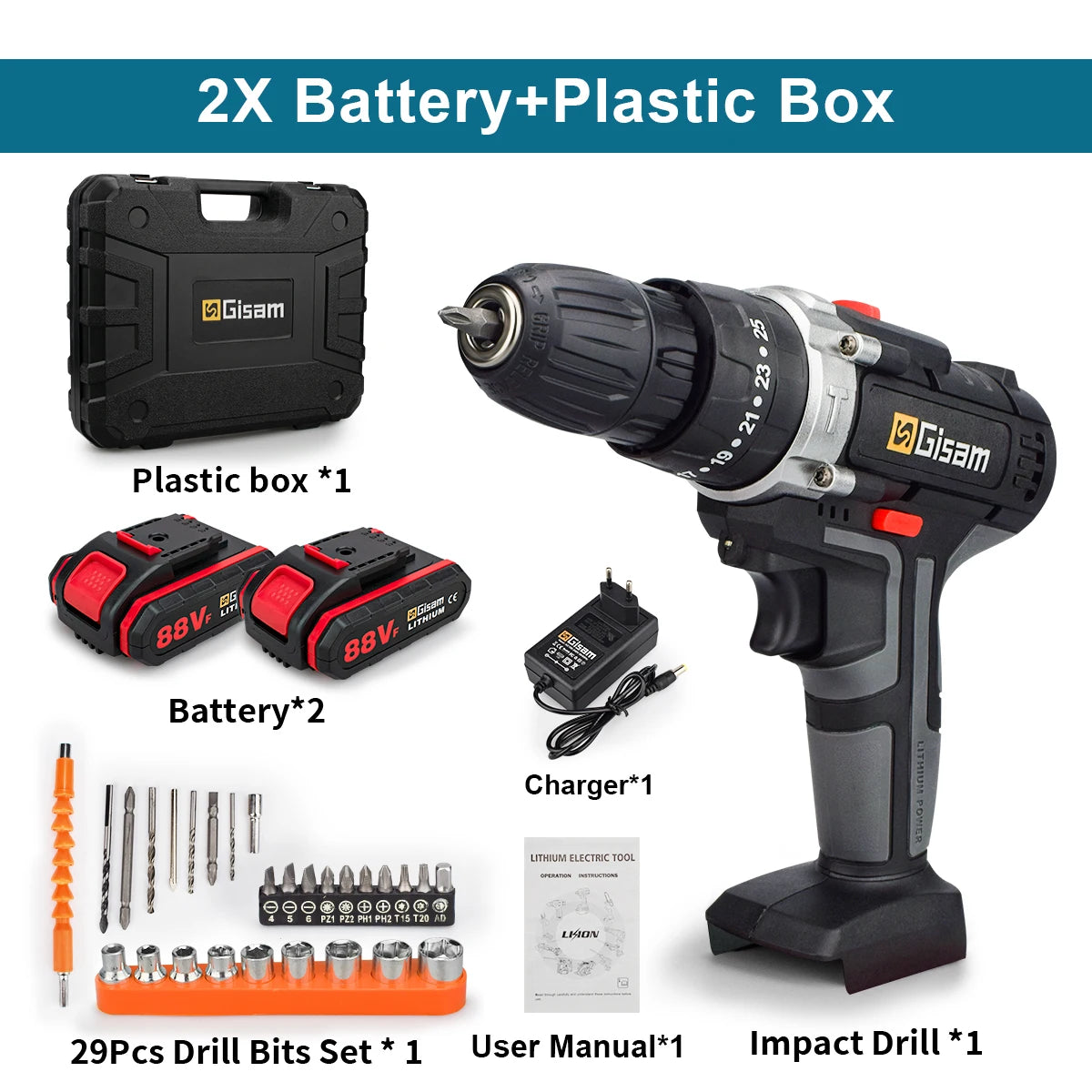 21V Cordless Drill Electric Impact Drill Rechargeable Electric Screwdriver Lithium-Ion Battery 2 Speed DIY Driver Power Tools