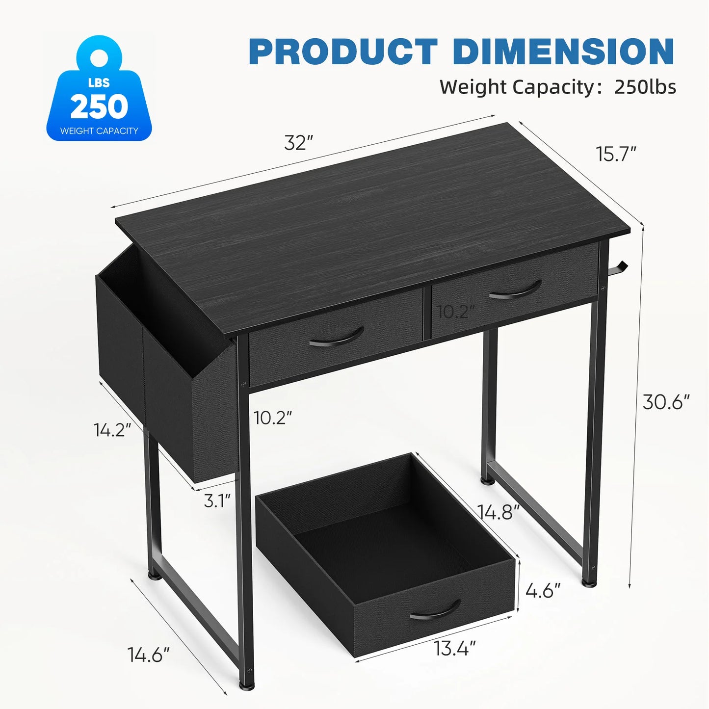 32 Inch Modern Office Computer Desk with Fabric Storage Drawers Space Side Bag Metal Frame Adjustable Feet For Home PC Table
