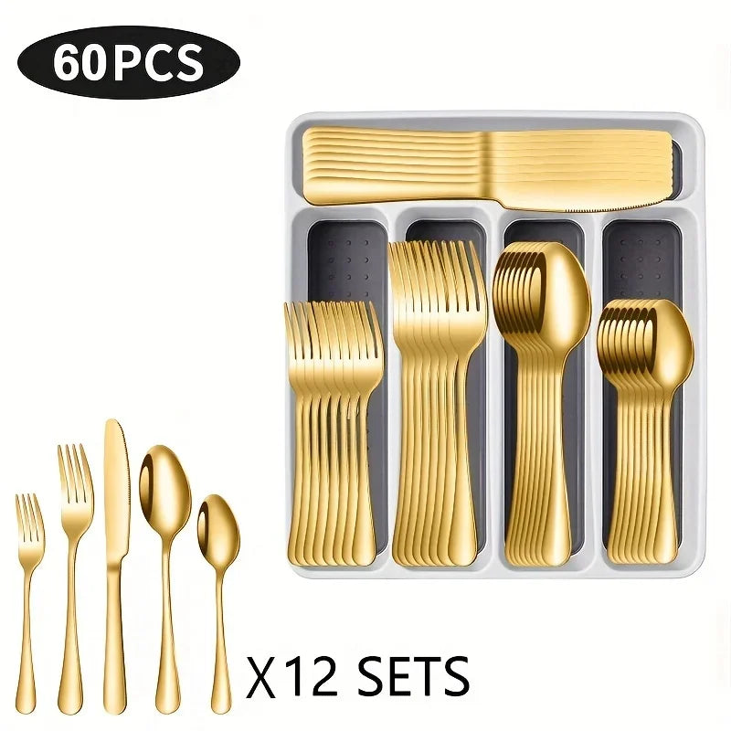 60 Pieces Cutlery Set with Drawer Storage Box Including Knives, Forks Spoons Dishwasher Safe,