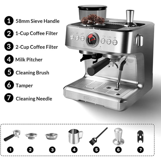 Espresso Machine with Grinder 20 Bar Semi-Automatic Coffee Maker PID Control Milk Frother Steam Wand, 95Oz Water Tank for Home