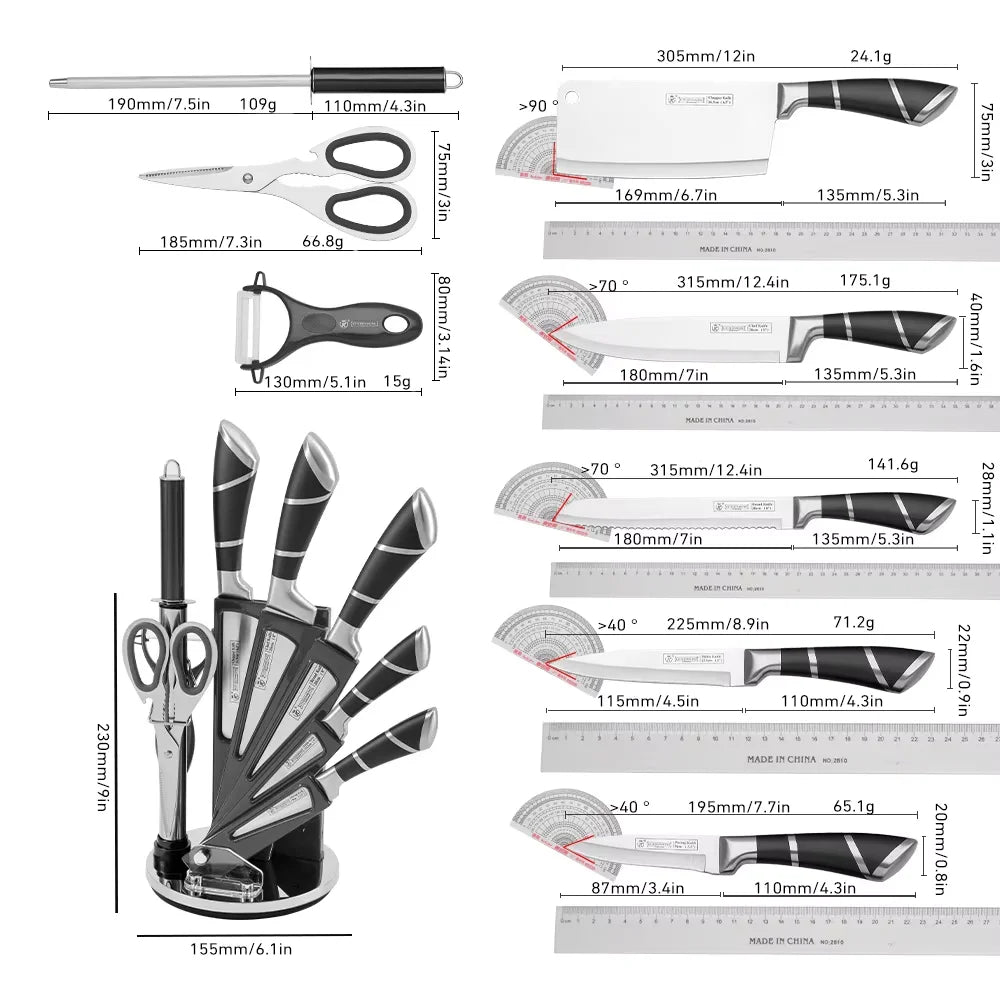 Stainless Steel Kitchen Knife Set Sharp Non-Stick Coated Chef Knives with Sharpener for Cutting, Slicing, Dicing, and Chopping.