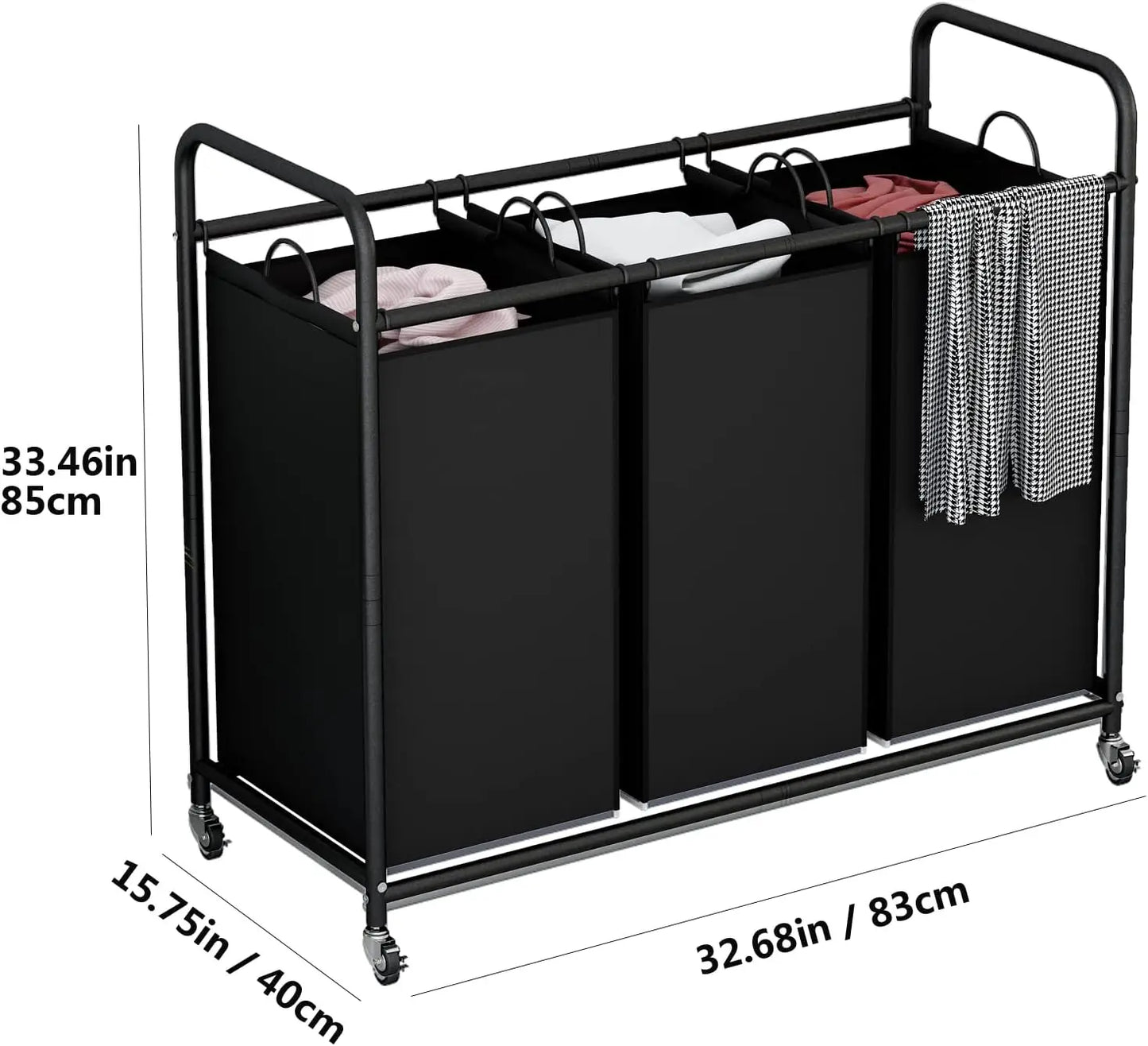 laundry room organization with Heavy Duty Rolling Lockable Wheels and bags, 3-Bag Laundry Basket Hamper.