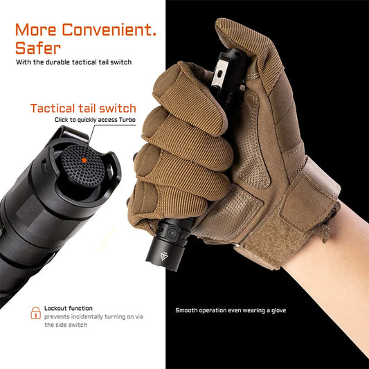 LED flashlight 1600 lumen 181 meters portable EDC flashlight USB-C rechargeable battery double buttons torch