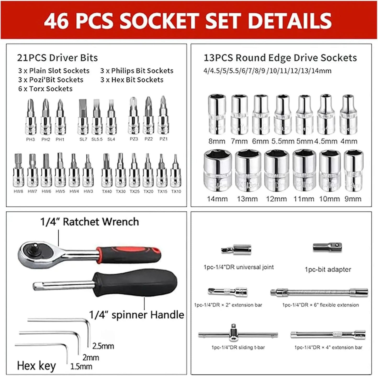 46PCS 1/4 inch Drive Socket Set,Metric Ratchet Wrench Set with 4-14mm CR-V Sockets, Mechanic Tool Kits for Household Auto Repair