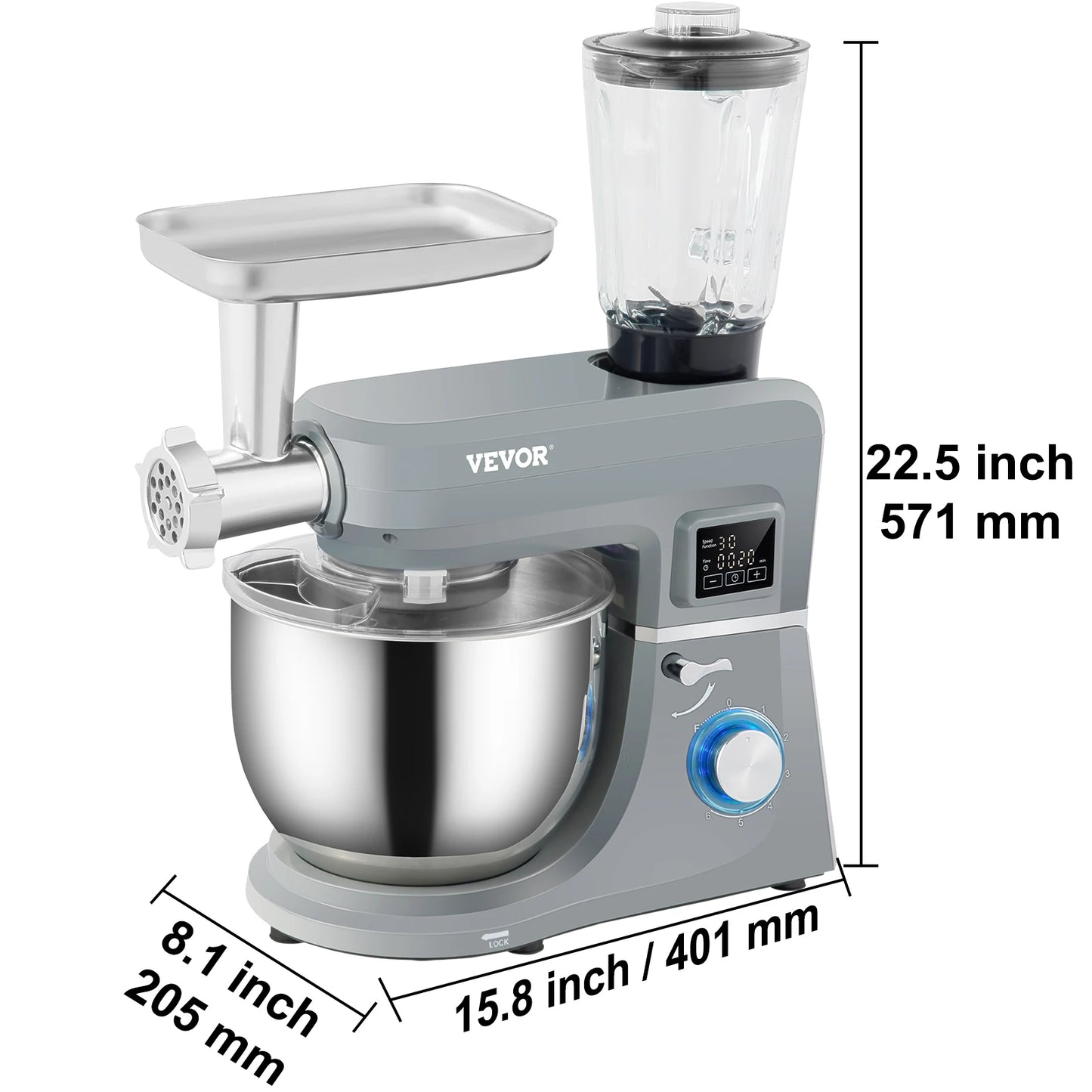5 IN 1 Stand Multifunctional Electric Mixer with 6 Speeds LCD Screen Timing 7.4 Qt Stainless Bowl Dough Hook