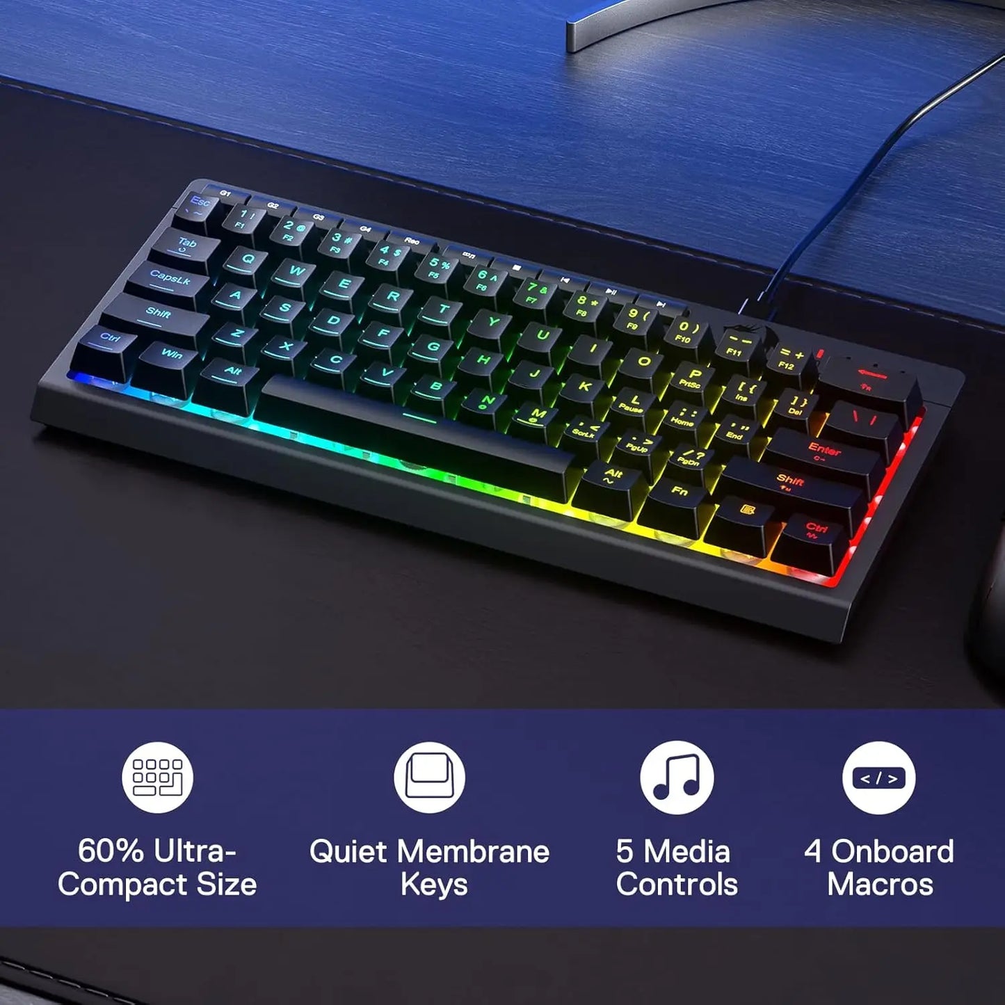 Wired RGB Membrane Gaming Keyboard, Compact 61 Keys Linear Mechanical-Feel Switch