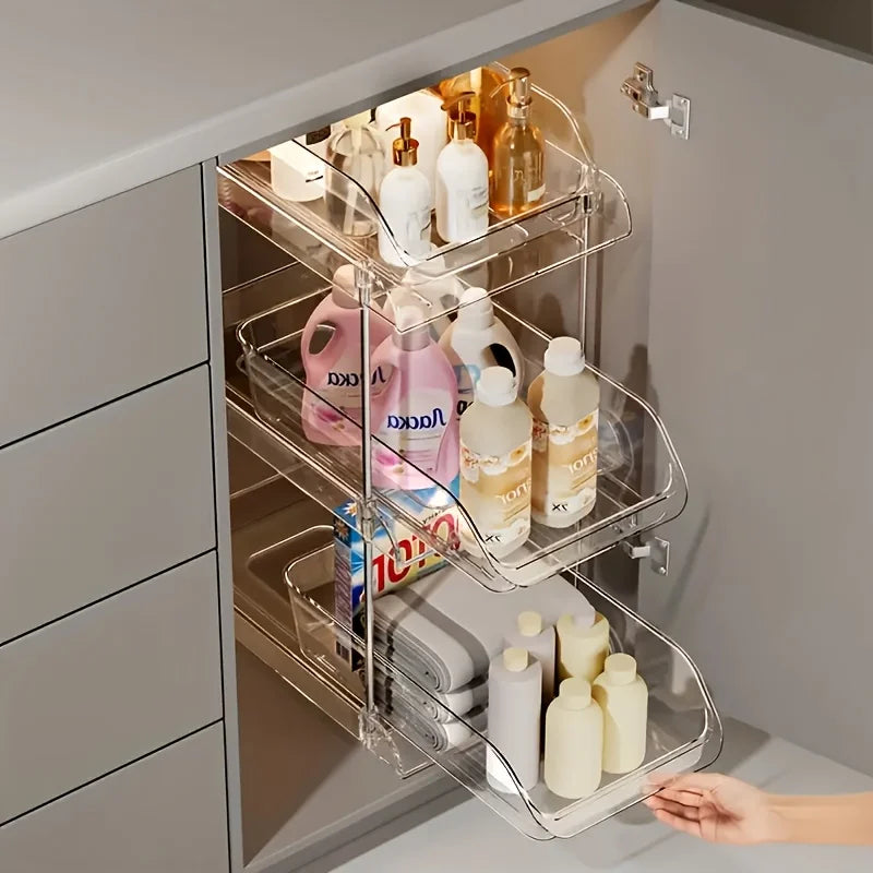 Pull-Out Under Sink Organizer with Shelf, Heavy-Duty Bathroom Storage Rack No Tools Needed for Easy Installation, Clear Shelves