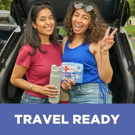 Band-Aid Travel Ready Portable Emergency First Aid Kit for Minor Wound Care with Assorted Adhesive Bandages Gauze.