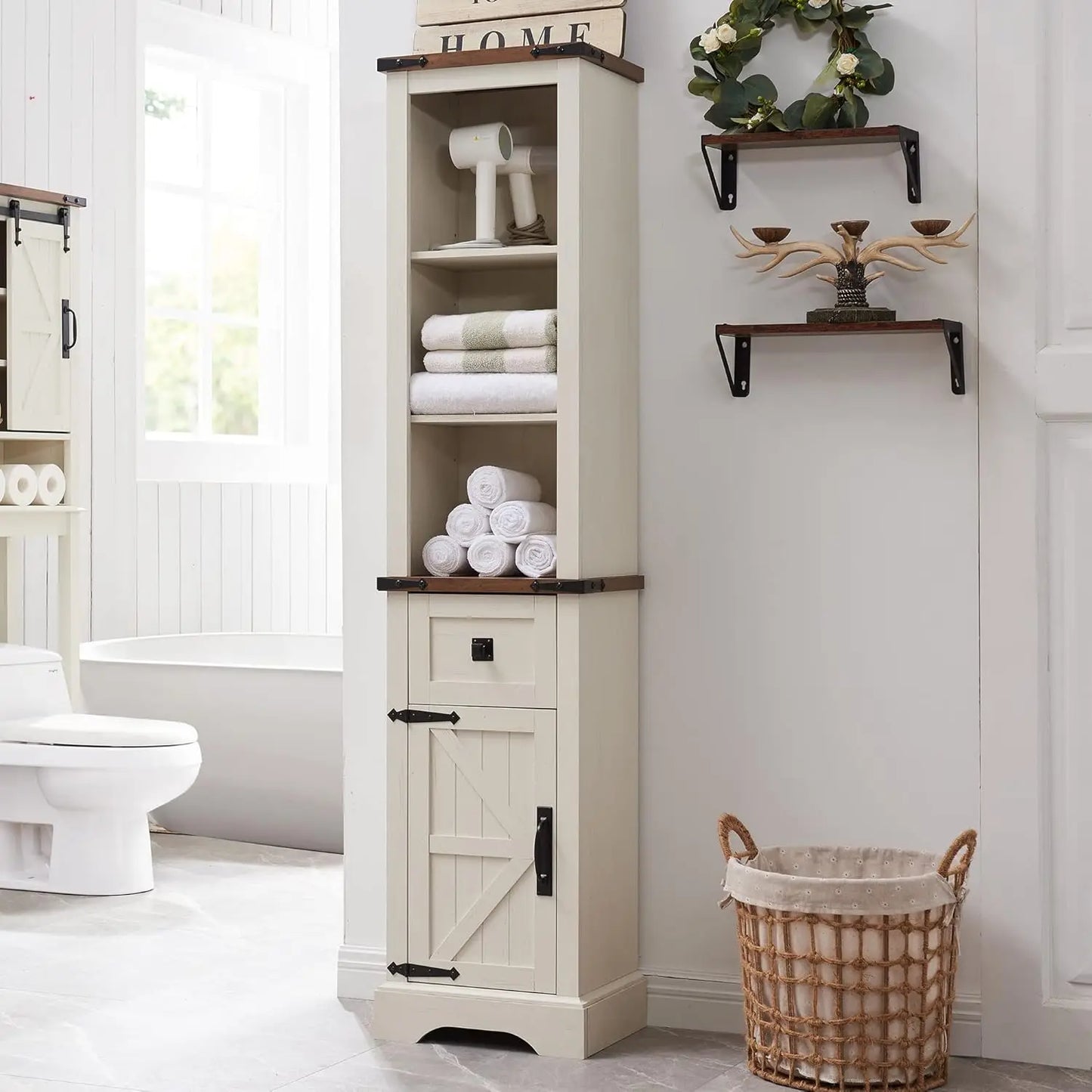 Bathroom Storage Cabinet with Adjustable Shelves & Drawer, Tall Linen Tower for Bathroom