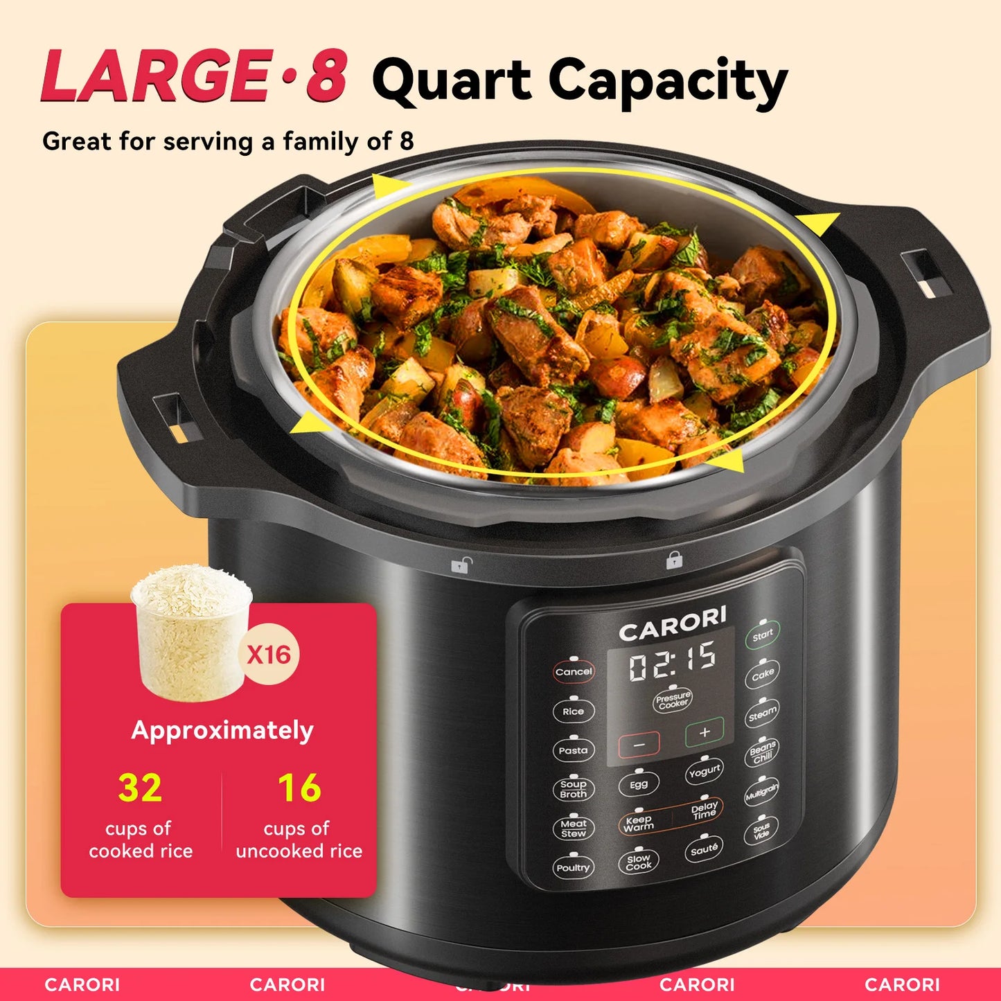 1200W 12-in-1Stainless Steel Electric Pressure Cooker 8Qt,  Slow Cook Rice Cooker Steamer,