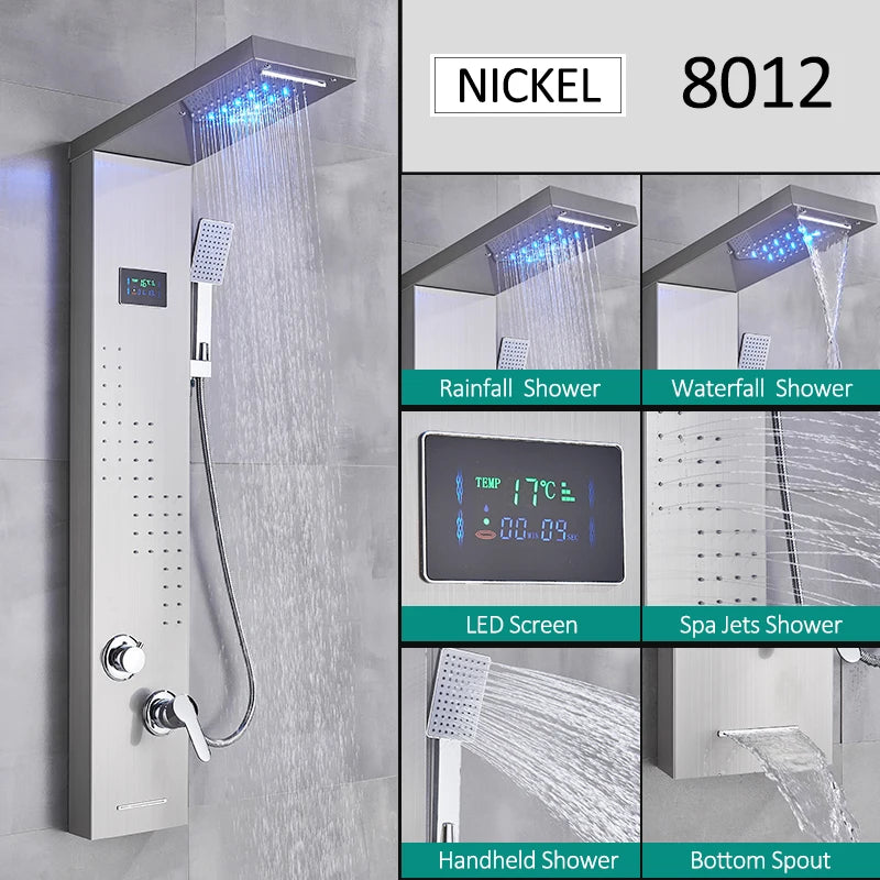 LED Shower Panel Tower System Rain Waterfall Shower Column Hydroelectricity LCD Display With Massage Body Spa Bath Shower Faucet
