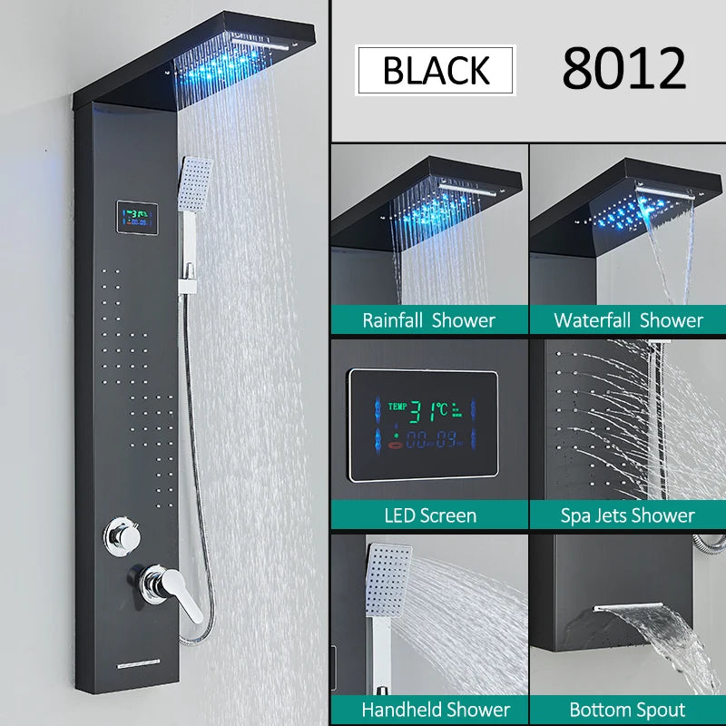 LED Shower Panel Tower System Rain Waterfall Shower Column Hydroelectricity LCD Display With Massage Body Spa Bath Shower Faucet