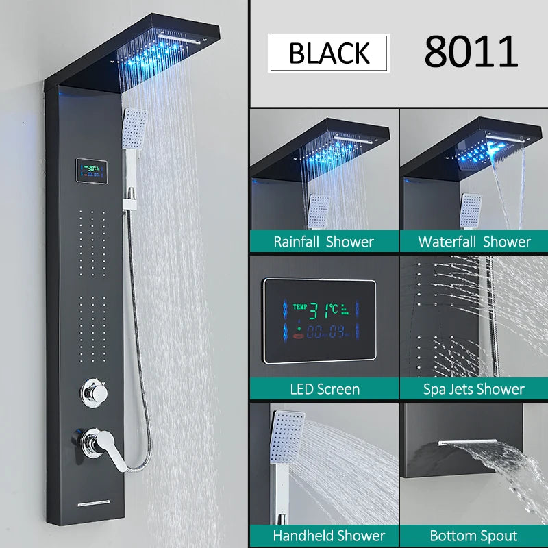 LED Shower Panel Tower System Rain Waterfall Shower Column Hydroelectricity LCD Display With Massage Body Spa Bath Shower Faucet