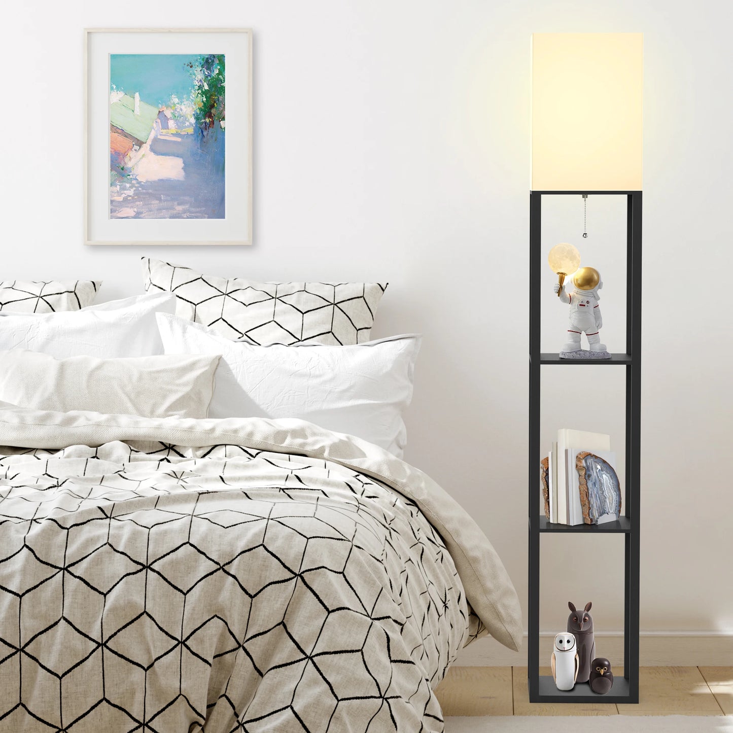 Column Floor Lamp with Shelves, Real Solid Wood and Bulb Included