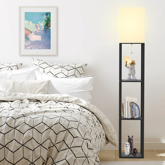 Column Floor Lamp with Shelves, Real Solid Wood and Bulb Included