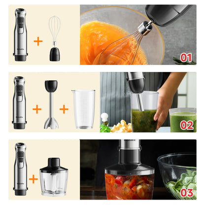4 in 1 High Power 1200W Immersion Hand Stick Blender Mixer Includes Chopper and Smoothie Cup Stainless Steel Ice Blades