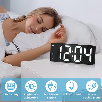 LED alarm digital clock voice control, adjustable brightness high-definition digital dual power mute living room clock.