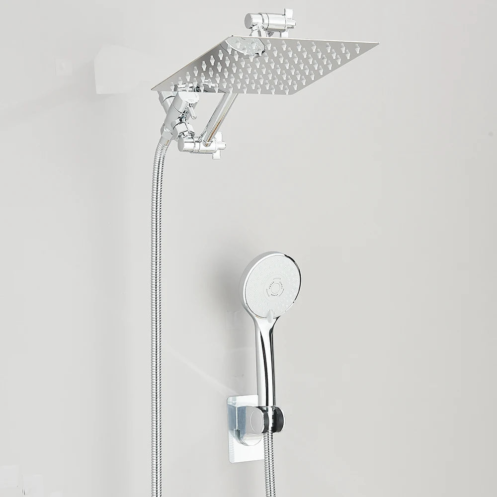 8-12Inch High Pressure Rain Shower Head with Adjustable Extension Arm With 3-way Handheld Shower Spray