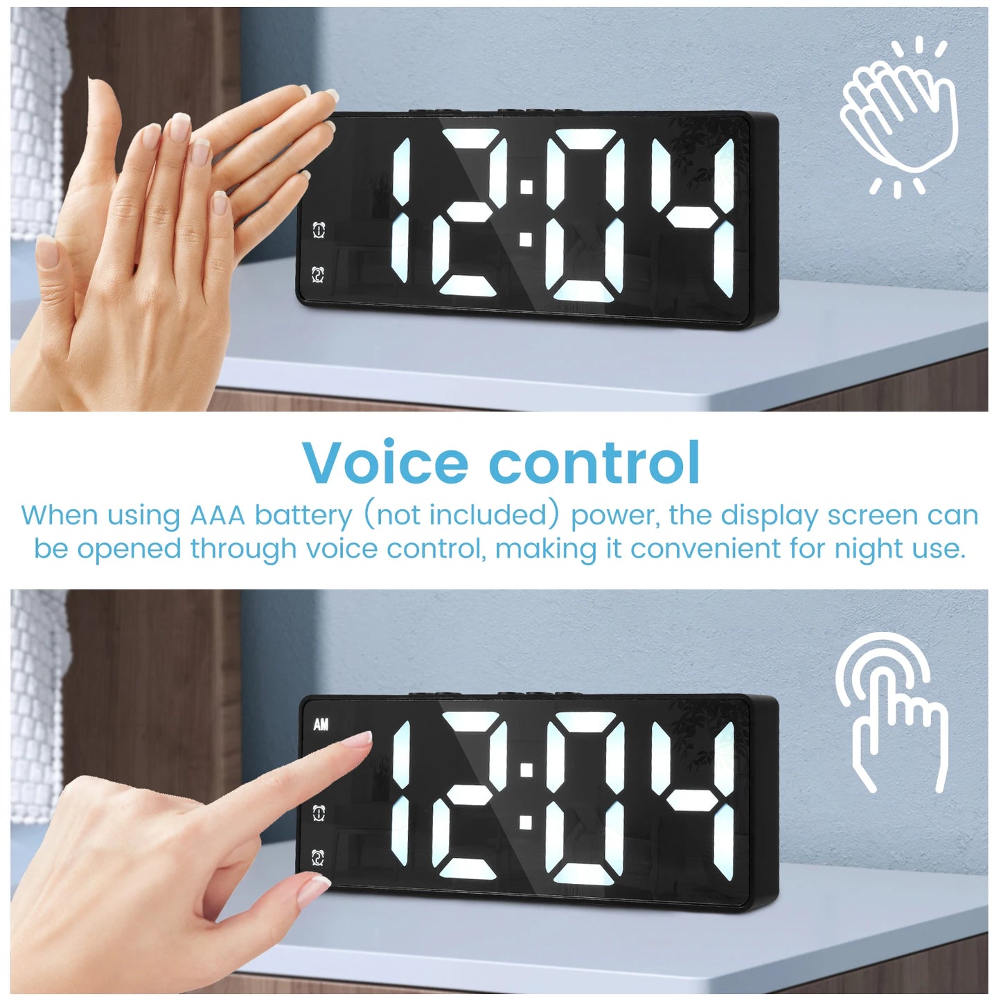 LED alarm digital clock voice control, adjustable brightness high-definition digital dual power mute living room clock.