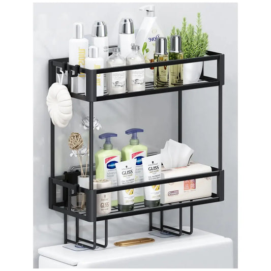 2-Tier Over Toilet Storage Shelf - Wall Mounted with Hooks  Paper Holder, Bathroom Space Saver Organizer for Home,