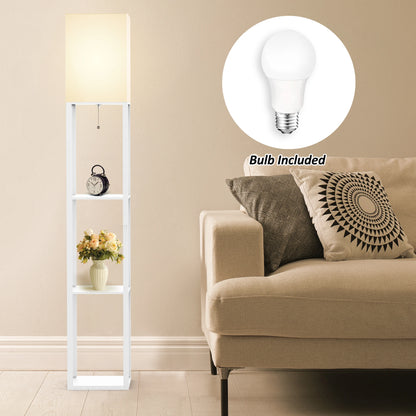 Column Floor Lamp with Shelves, Real Solid Wood and Bulb Included