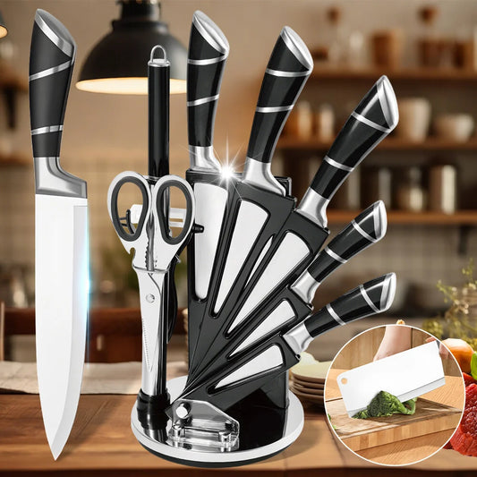 Stainless Steel Kitchen Knife Set Sharp Non-Stick Coated Chef Knives with Sharpener for Cutting, Slicing, Dicing, and Chopping.