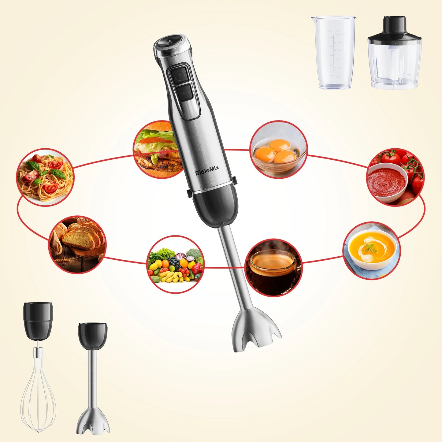 4 in 1 High Power 1200W Immersion Hand Stick Blender Mixer Includes Chopper and Smoothie Cup Stainless Steel Ice Blades