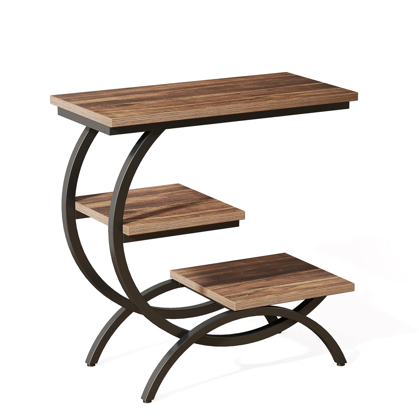 C-Shaped End Table, Industrial 3-Tier Small Table for Couch, Wood Bedside Table, Snack Table with Storage Shelves