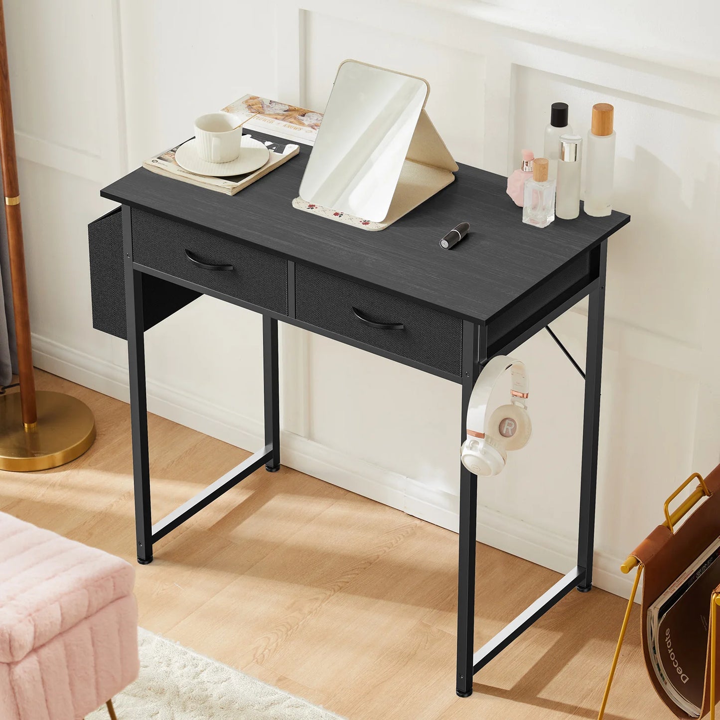32 Inch Modern Office Computer Desk with Fabric Storage Drawers Space Side Bag Metal Frame Adjustable Feet For Home PC Table