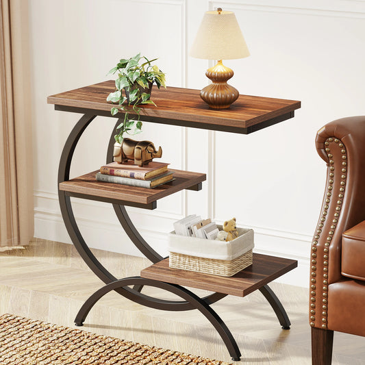 C-Shaped End Table, Industrial 3-Tier Small Table for Couch, Wood Bedside Table, Snack Table with Storage Shelves