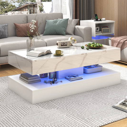 2 Storage Drawers Modern Stylish Coffee Table with LED lights,