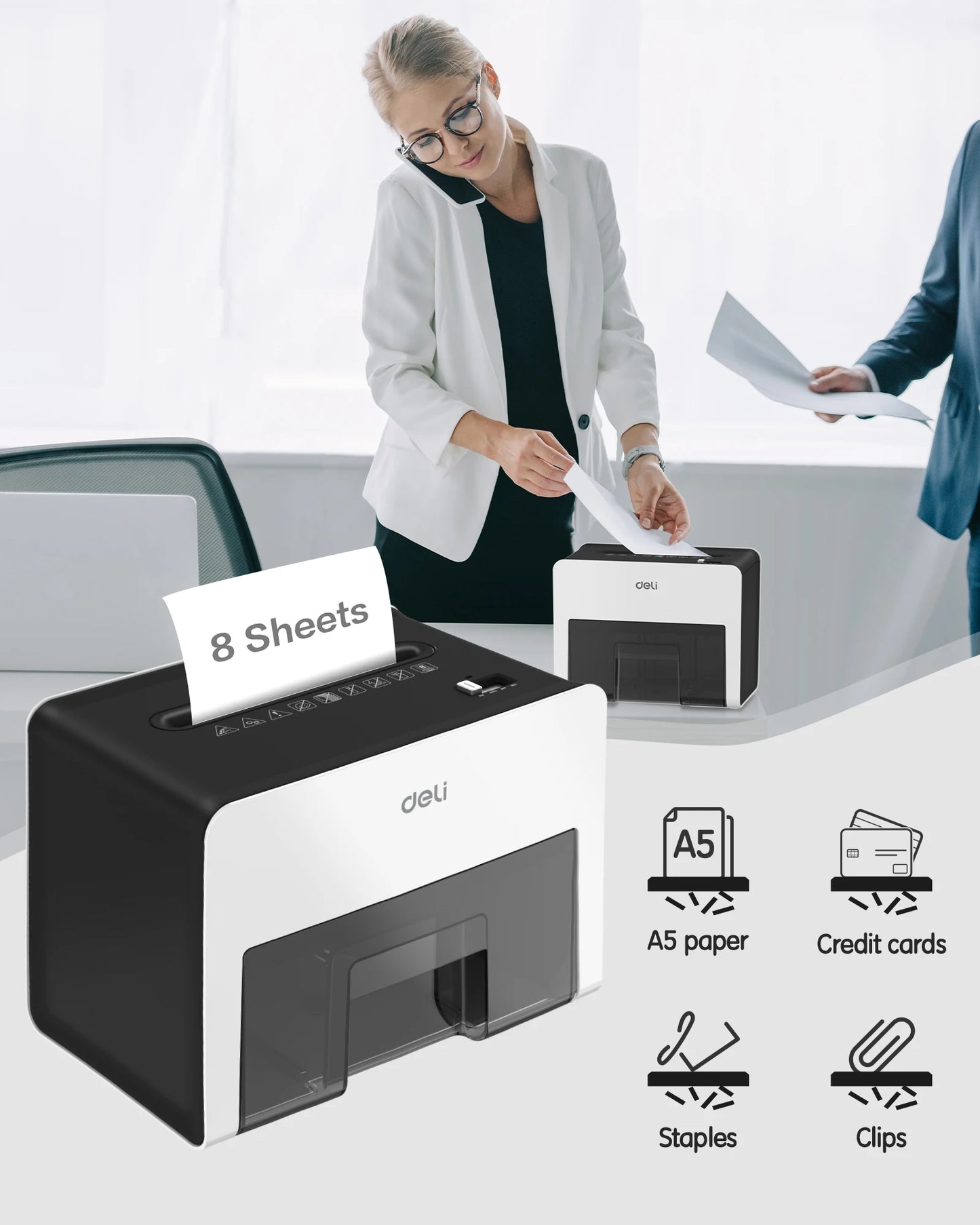 Deli 8-Sheet Paper Shredder Home Office Use Shredder, Mini Desktop Crosscut Shredder with 0.7 Gallon Bin Shred Credit Card/Mail