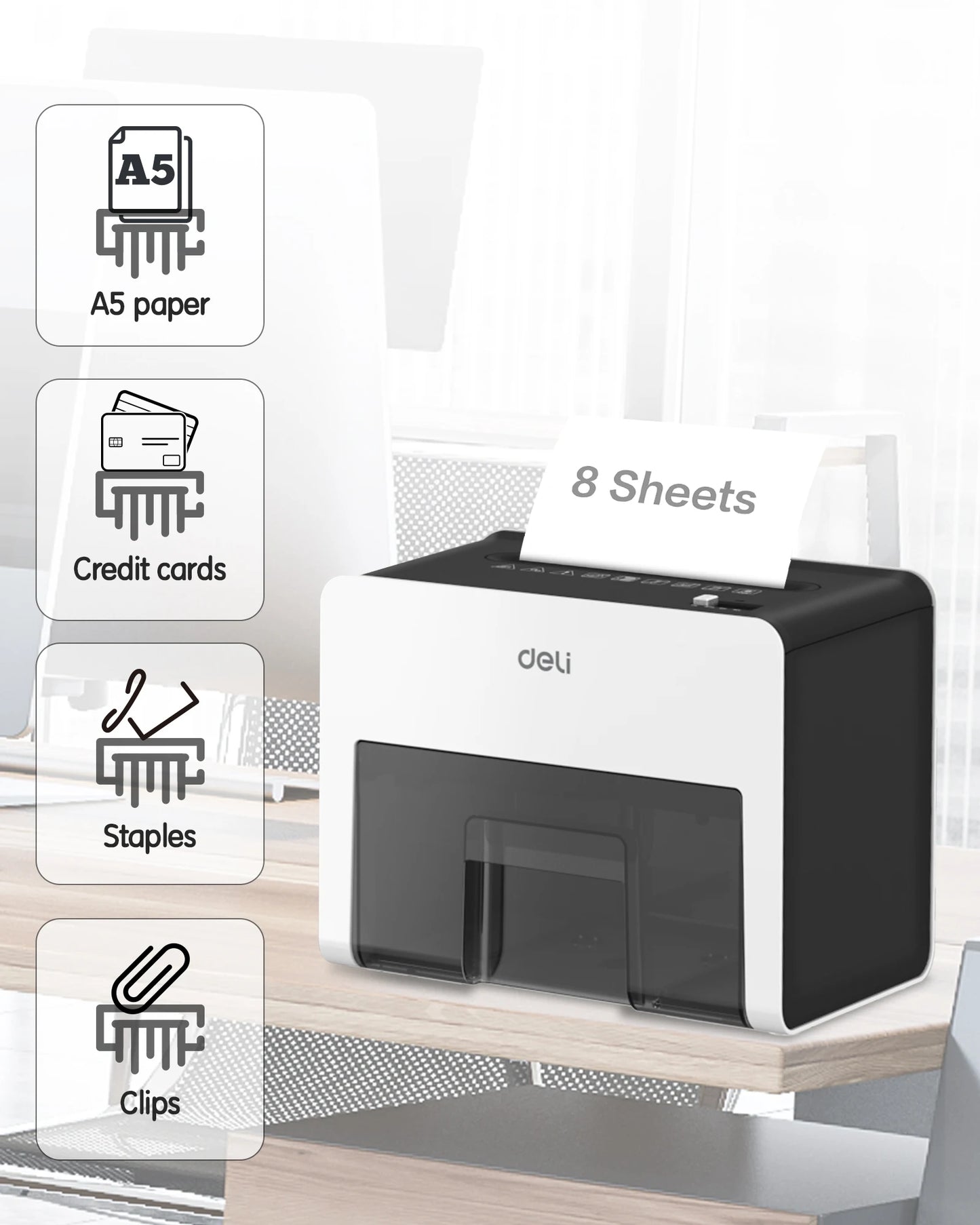 Deli 8-Sheet Paper Shredder Home Office Use Shredder, Mini Desktop Crosscut Shredder with 0.7 Gallon Bin Shred Credit Card/Mail