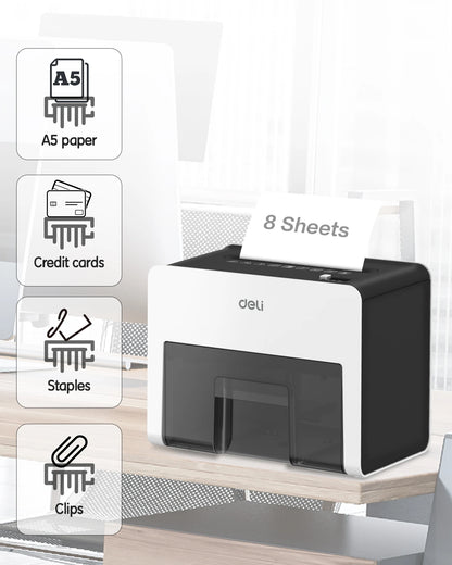 Deli 8-Sheet Paper Shredder Home Office Use Shredder, Mini Desktop Crosscut Shredder with 0.7 Gallon Bin Shred Credit Card/Mail