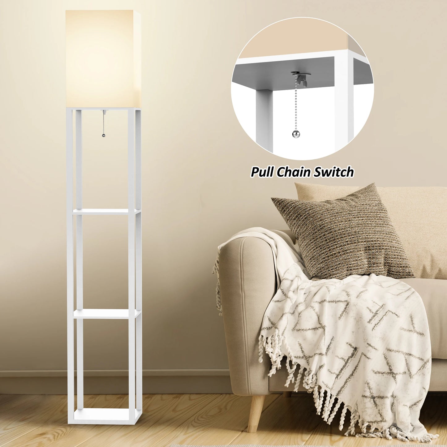 Column Floor Lamp with Shelves, Real Solid Wood and Bulb Included