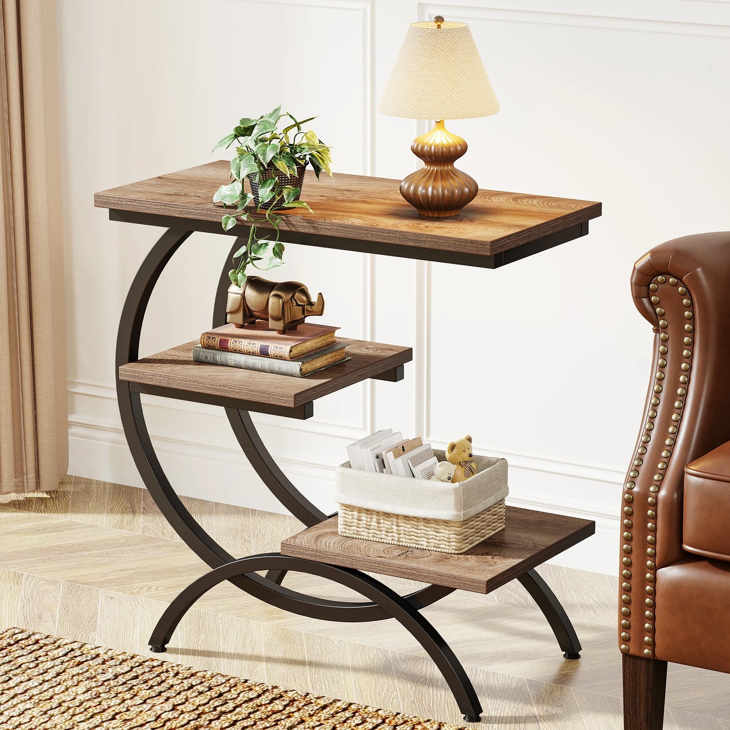 C-Shaped End Table, Industrial 3-Tier Small Table for Couch, Wood Bedside Table, Snack Table with Storage Shelves