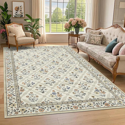 Washable Area Rugs for Living Room Soft Low-Pile Non-Slip Carpet Vintage Floor Rug for Bedroom Dining Room Home Office