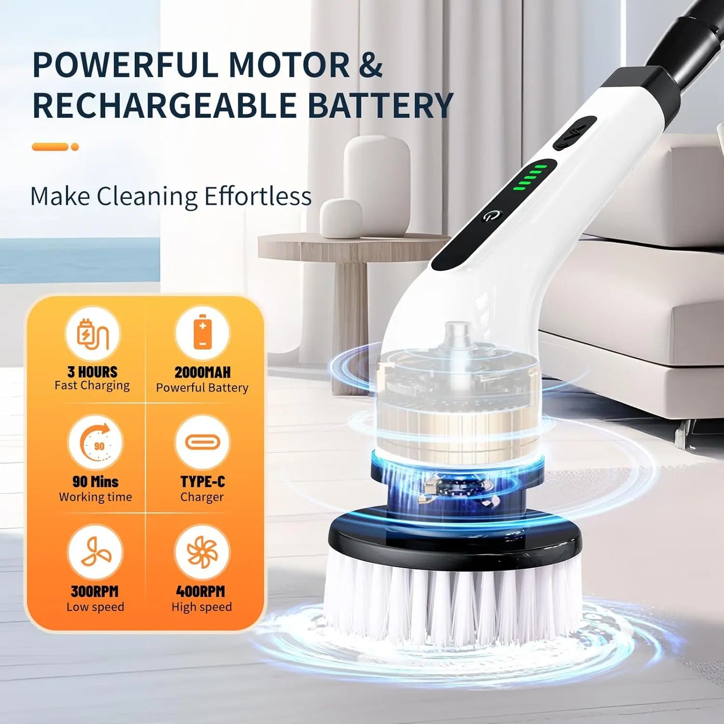 2025 Electric Rotating Floor Scrubber, Rechargeable Cleaning Brush, Shower Floor Scrubber, with 9 Brush Heads, 2H Power Dual Spe