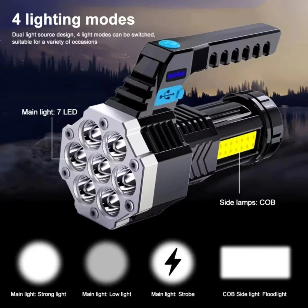7LED High-Power Flashlight With USB Charging COB Side Light - Suitable For Portable Flashlights Such As Fishing, Camping, Hiking