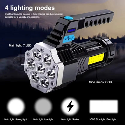 7LED High-Power Flashlight With USB Charging COB Side Light - Suitable For Portable Flashlights Such As Fishing, Camping, Hiking