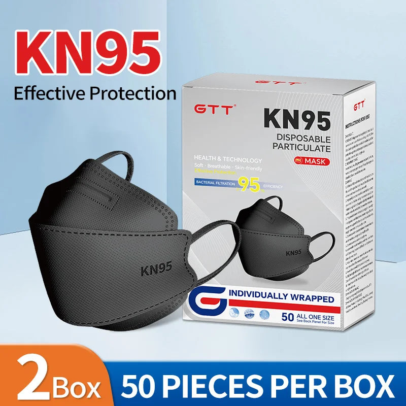 200Pcs Disposable Masks KN95 Fish-shaped 3D Mask Independent Package 4-layer Filter Dust-proof Protection Mask Black White