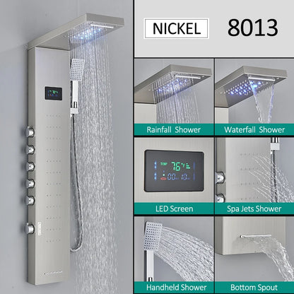 LED Shower Panel Tower System Rain Waterfall Shower Column Hydroelectricity LCD Display With Massage Body Spa Bath Shower Faucet