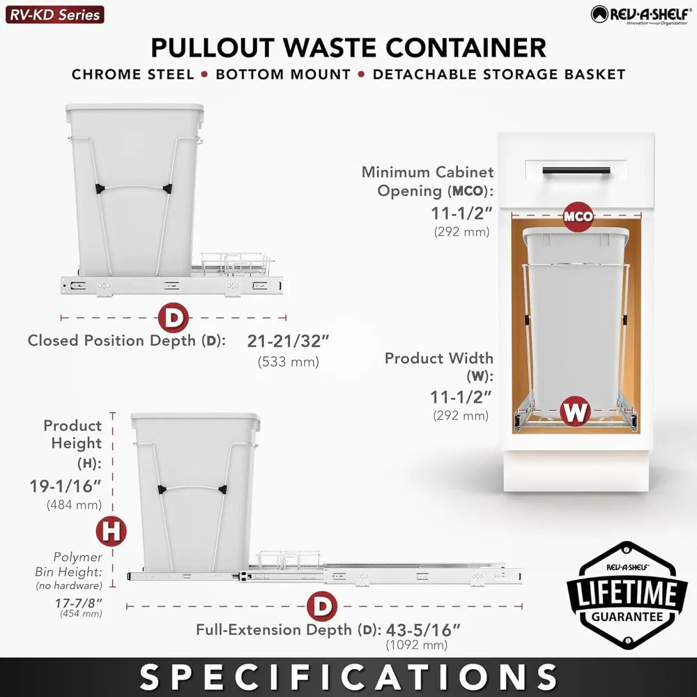 Pullout Trash Can 35 Qt Garbage Recycling Bin Full Extension Slides,