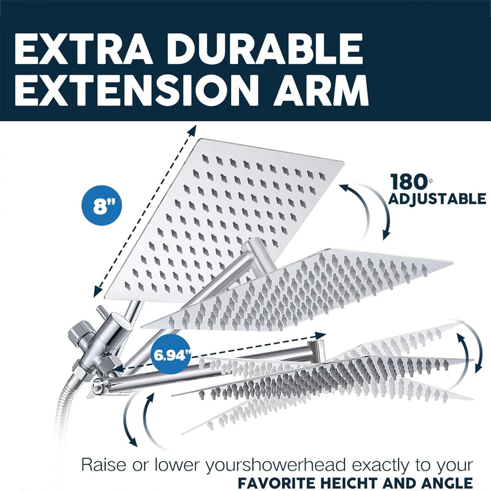 8-12Inch High Pressure Rain Shower Head with Adjustable Extension Arm With 3-way Handheld Shower Spray
