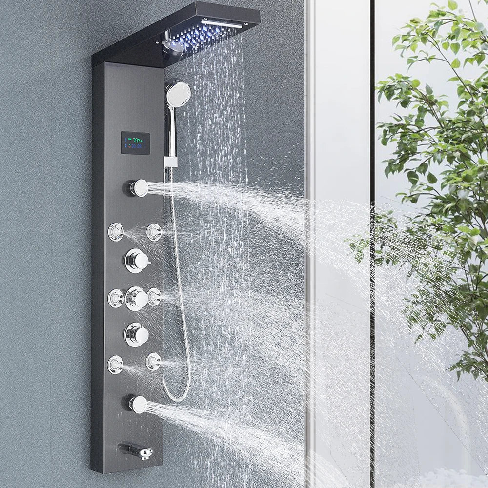 LED Shower Panel Tower System Rain Waterfall Shower Column Hydroelectricity LCD Display With Massage Body Spa Bath Shower Faucet