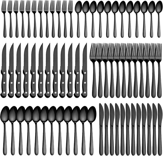72-Pcs Black Silverware Sets, Stainless Steel Cutlery Set, Include Forks Spoons and Knives Set.