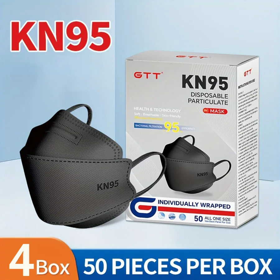 200Pcs Disposable Masks KN95 Fish-shaped 3D Mask Independent Package 4-layer Filter Dust-proof Protection Mask Black White