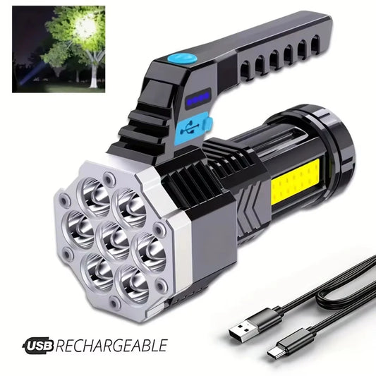 7LED High-Power Flashlight With USB Charging COB Side Light - Suitable For Portable Flashlights Such As Fishing, Camping, Hiking